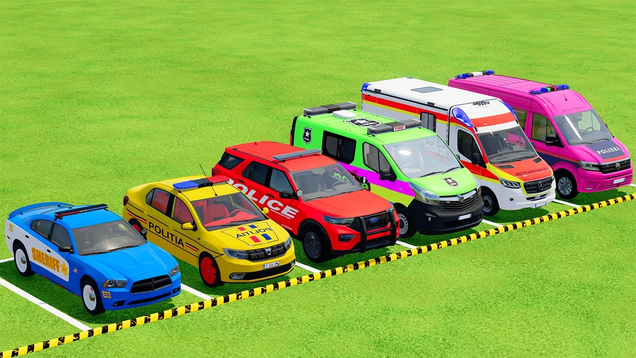 TRANSPORTING POLICE CARS, AMBULANCE, FIRE TRUCK, COLORFUL CARS WITH TRUCK   FARMING SIMULATOR 22 #23