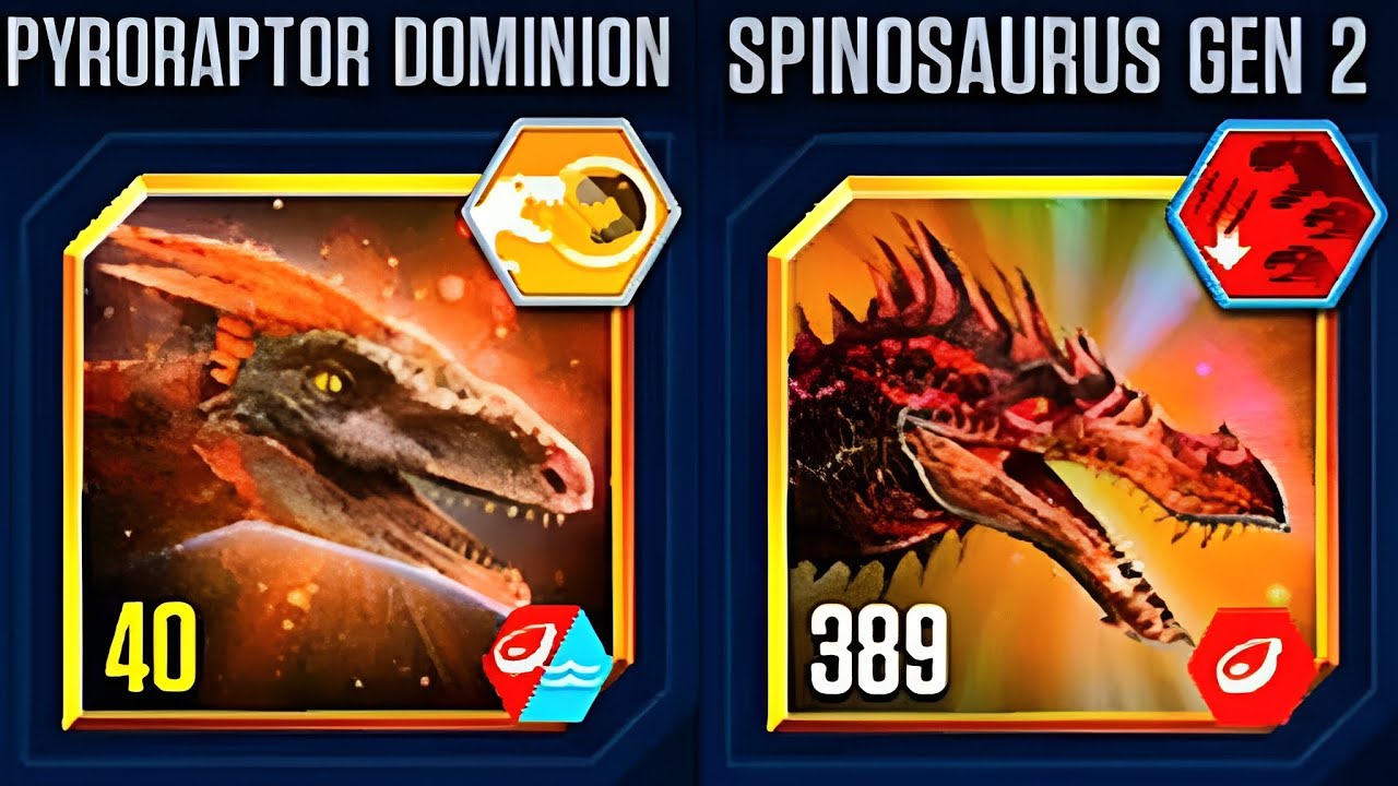 PYRORAPTOR DOMINION VS SPINOSAURUS GEN 2 BATTLE MODS | JURASSIC WORLD THE GAME