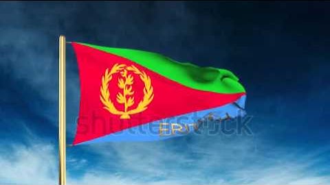 Eritrea flag slider style with title. Waving in the wind with cloud background animation Stock