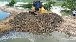 Full Completion Video !! Stronger DR51PX Bulldozer & Dump Trucks Spreading Stone Filling The Land