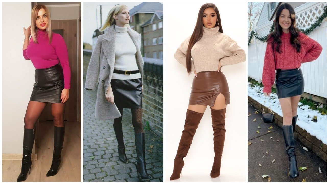 Completely different ideas leather mini skirts with turtleneck sweater and Tigh high boots