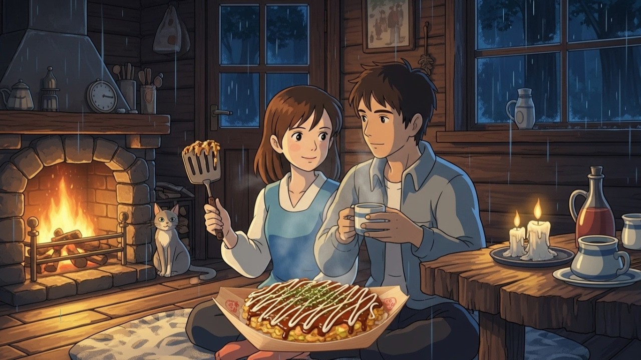 Trapped in a Rainy Forest Cottage 🌧️ — Cooking Okonomiyaki by Fire + Candle Ghibli-style ASMR.