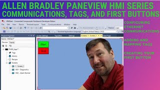 Configuring communications, tags, and first buttons on a Panelview 800