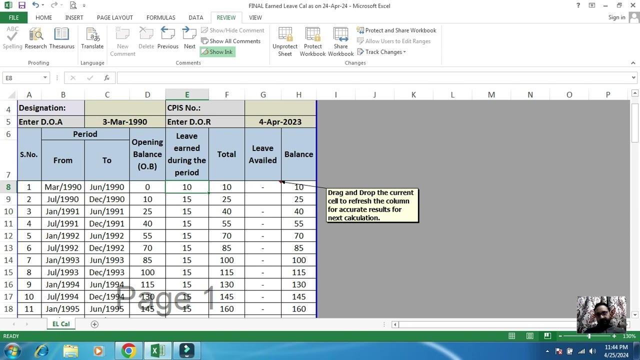 Earned Leave Calculation in Excel wrt Jammu and Kashmir and in India  Easy and simplest way-Part I