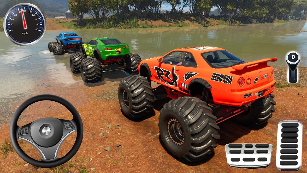 Monster Truck Dirt Car Nissan Skyline GT-R, Chevrolet Camaro, Dodge Challenger STR 8 SUV Driving 4K