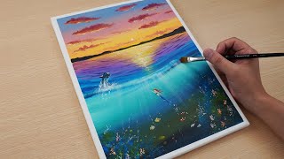 アクリル絵の具で「夕日と海」を描いてみた｜junya_art
