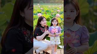 Beautiful Mom Teaches Cute Baby To Share Lotus Flowers By The Lake