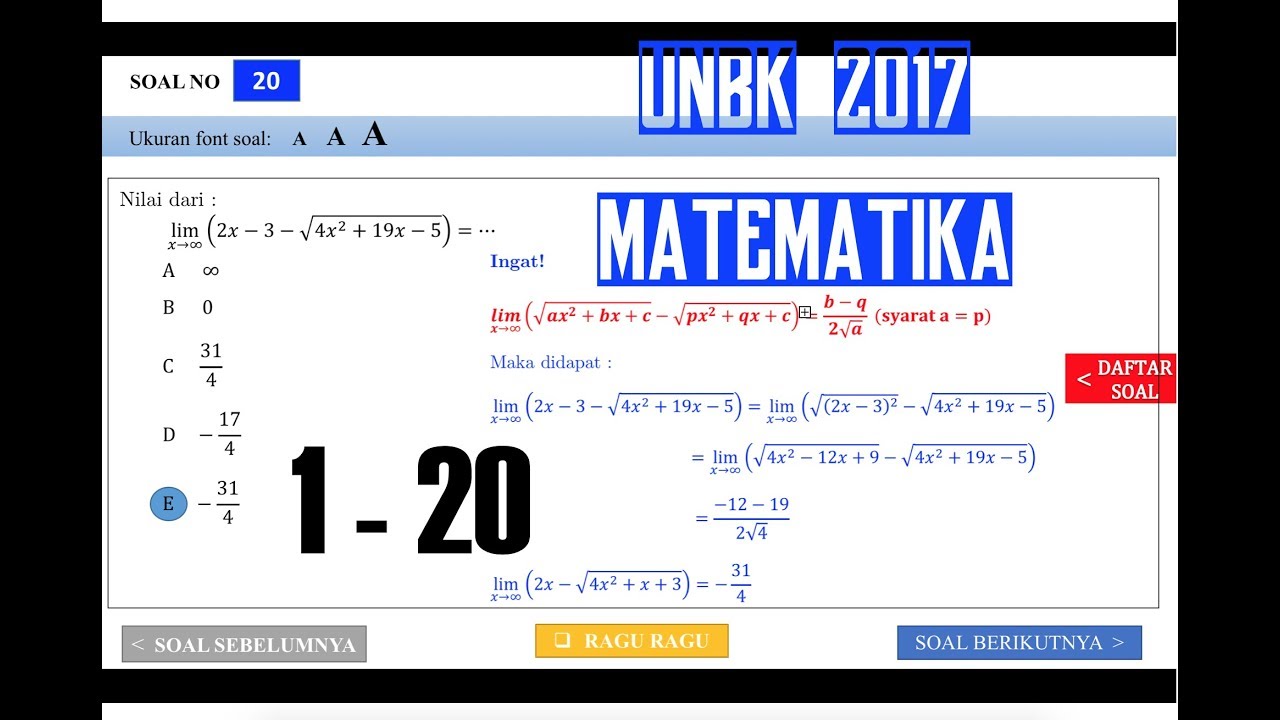 Pembahasan Unbk Matematika Ipa 2017 Soal 1 20 Youtube