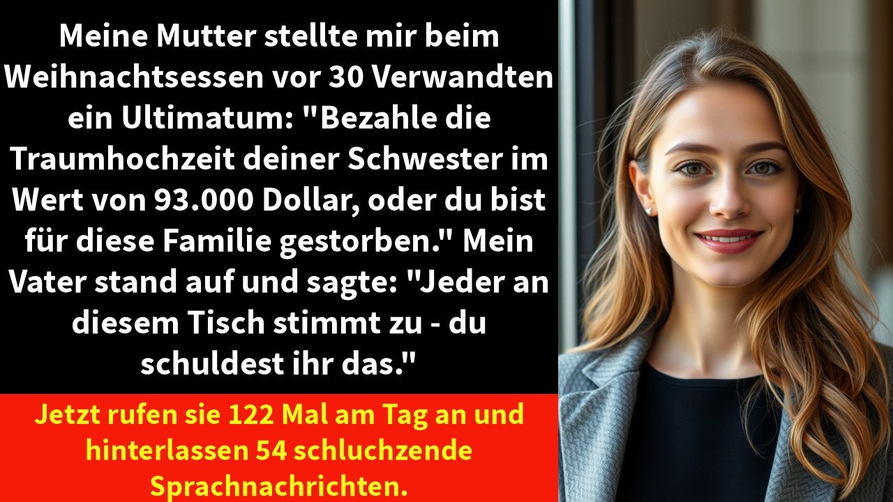 „Emily, dein Anteil an Saras Traumhochzeit beträgt 93.000 Dollar.“ Meine Mutter lächelte, als sie das sagte. Dreißig Verwandte starrten mich an. Niemand lachte außer mir. Bis mein Vater aufstand...