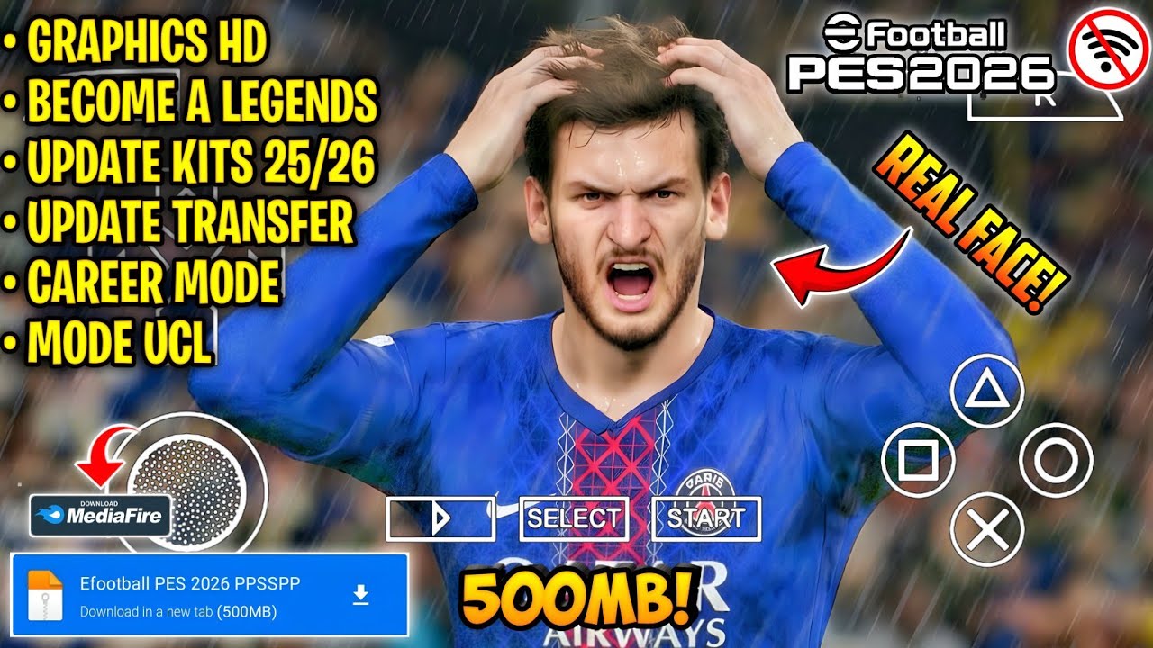 Efootball PES 2026 PPSSPP ISO No Textures & No Save Data New Kits 2025/26 Real Faces & Transfers!