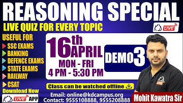 REASONING SPECIAL | FOR SSC EXAMS/BANKING/DEFENCE/RAILWAY/CSAT | NEW BATCH | DEMO 03 | BY MOHIT SIR
