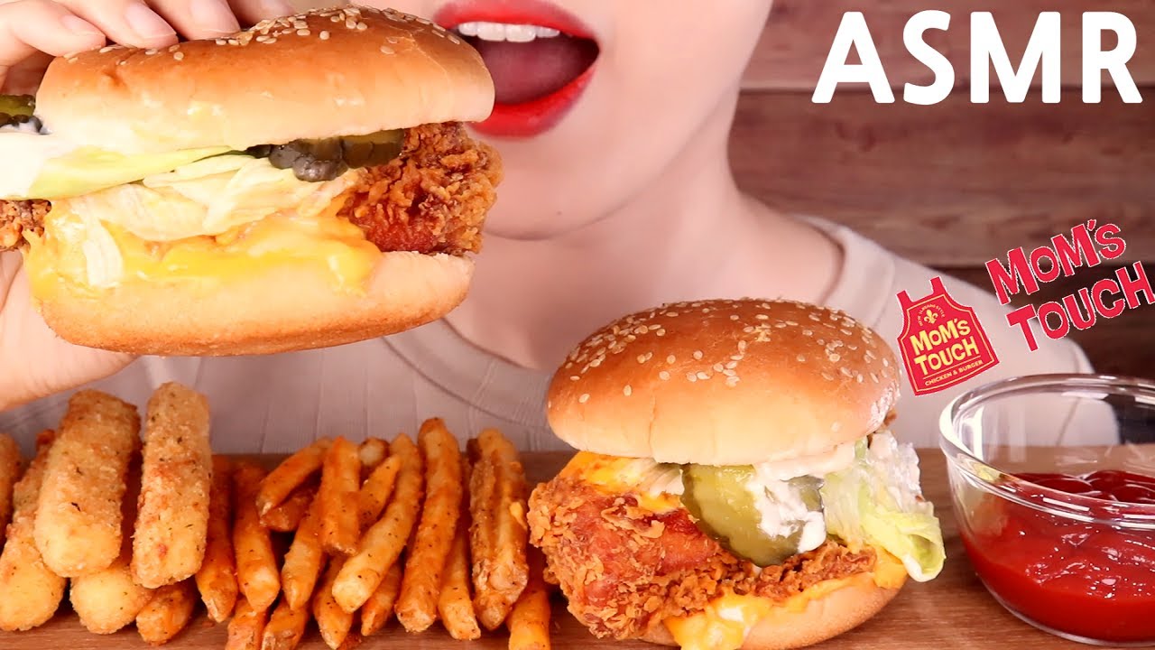 ASMR CHEESE BURGER+CHEESE STICK+FRENCH FRIES eating sounds MUKBANG맘스터치 먹방咀嚼音チーズバーガー+チーズスティック+フライドポテト