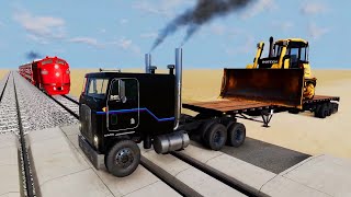 Transport Trucks With Heavy Equipment Crossing Railroad - BeamNG.drive