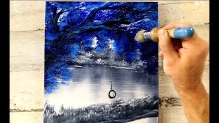 Blue Tree | Black and White Landscape | Easy Painting for Beginners | Abstract | Acrylics