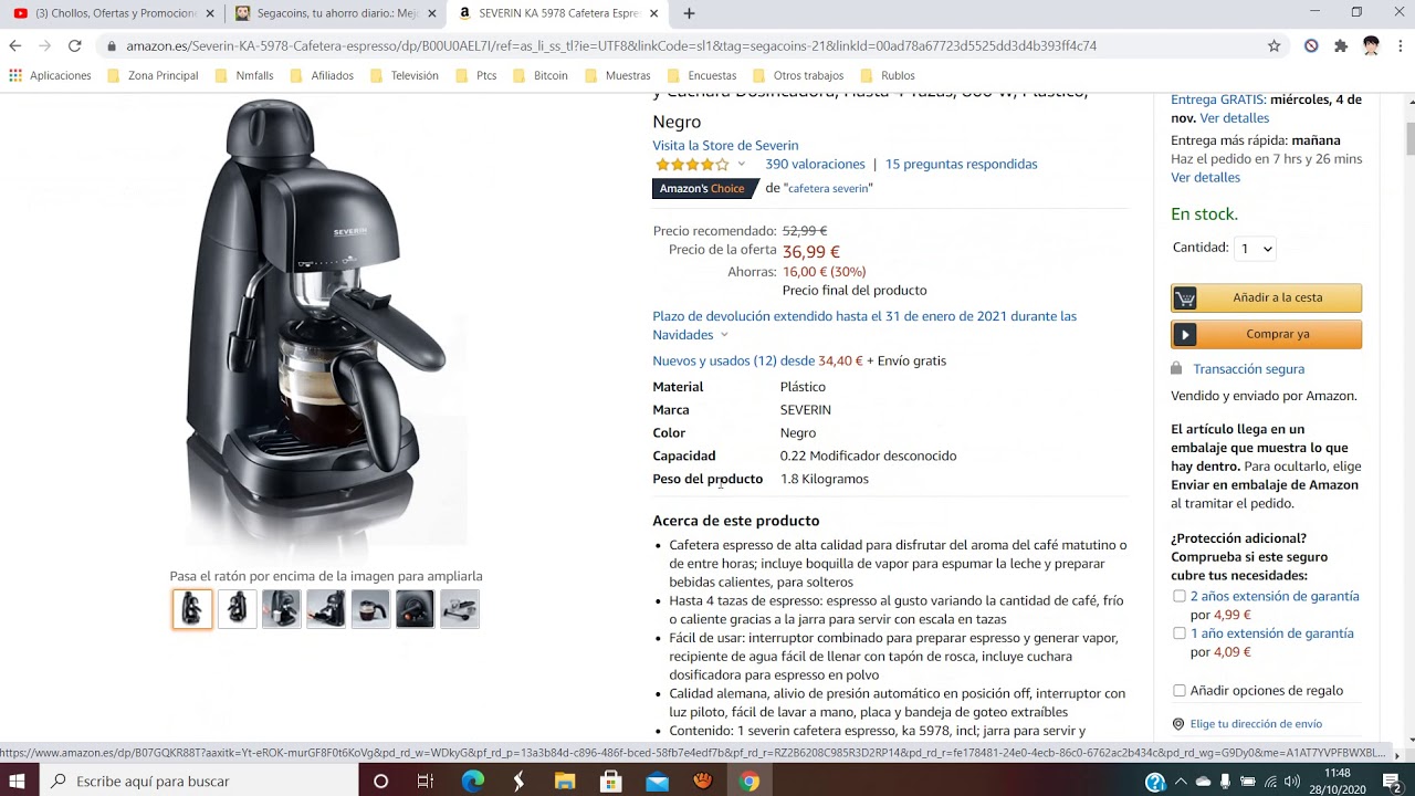 ☕ ¡Oferta Amazon! SEVERIN KA 5978 Cafetera Espresso barato 37€ ¡30% DTO!  Opinión | Descuento ☕ - YouTube