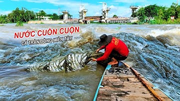 Overstromingsafvoer - Tha La-dam geopend - Water stroomt, vis stroomt over tijdens overstromingss...