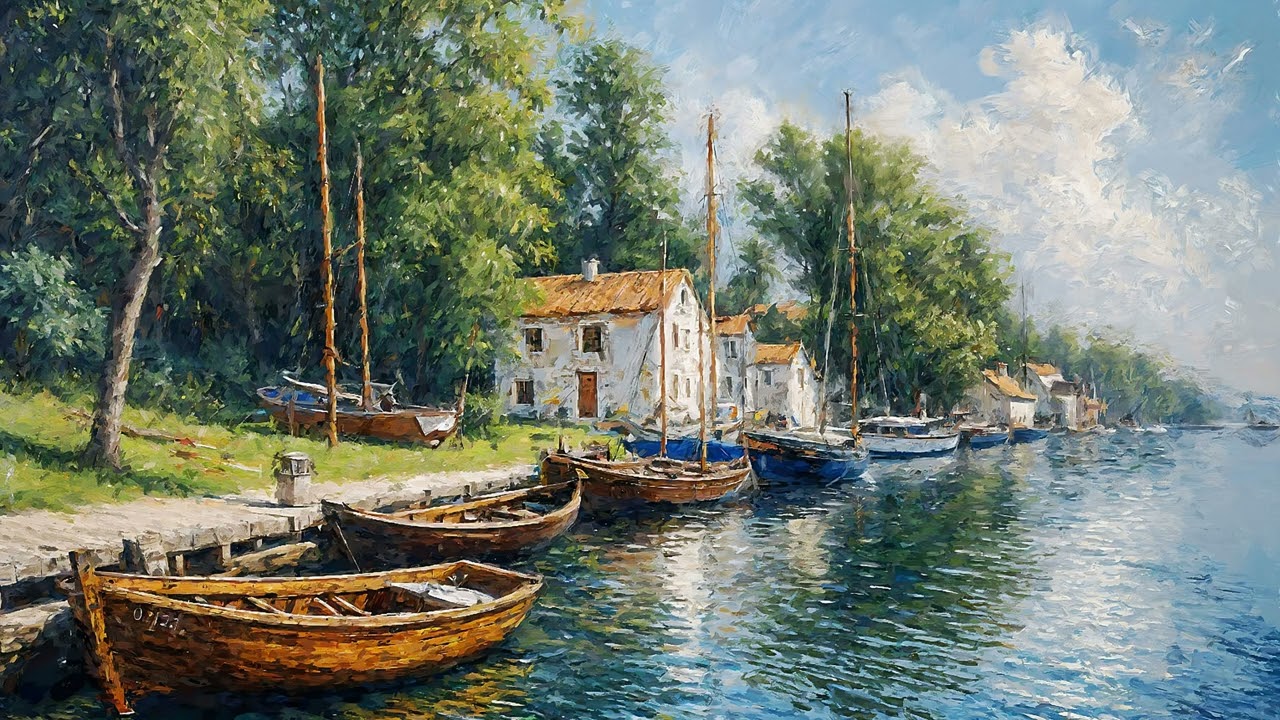 Serene Lakeside Village | 4K Ultra HD Frame TV Art | Vintage Palette TV