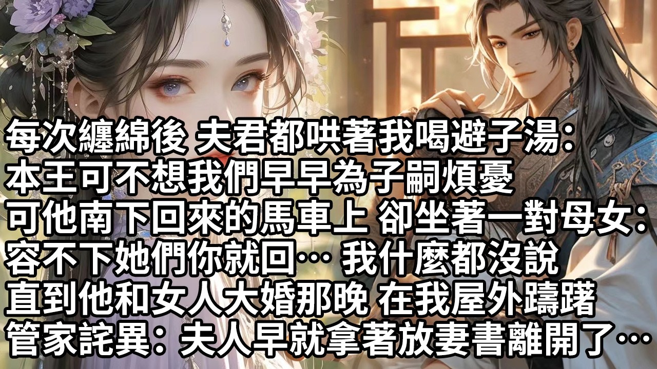 【一口氣看完】每次纏綿後 夫君都哄著我喝避子湯：本王可不想我們早早為子嗣煩憂，可他南下回來的馬車上 卻坐著一對母女：容不下她們你就回… 我什麼都沒說，直到他和女人大婚那晚 在我屋外躊躇……