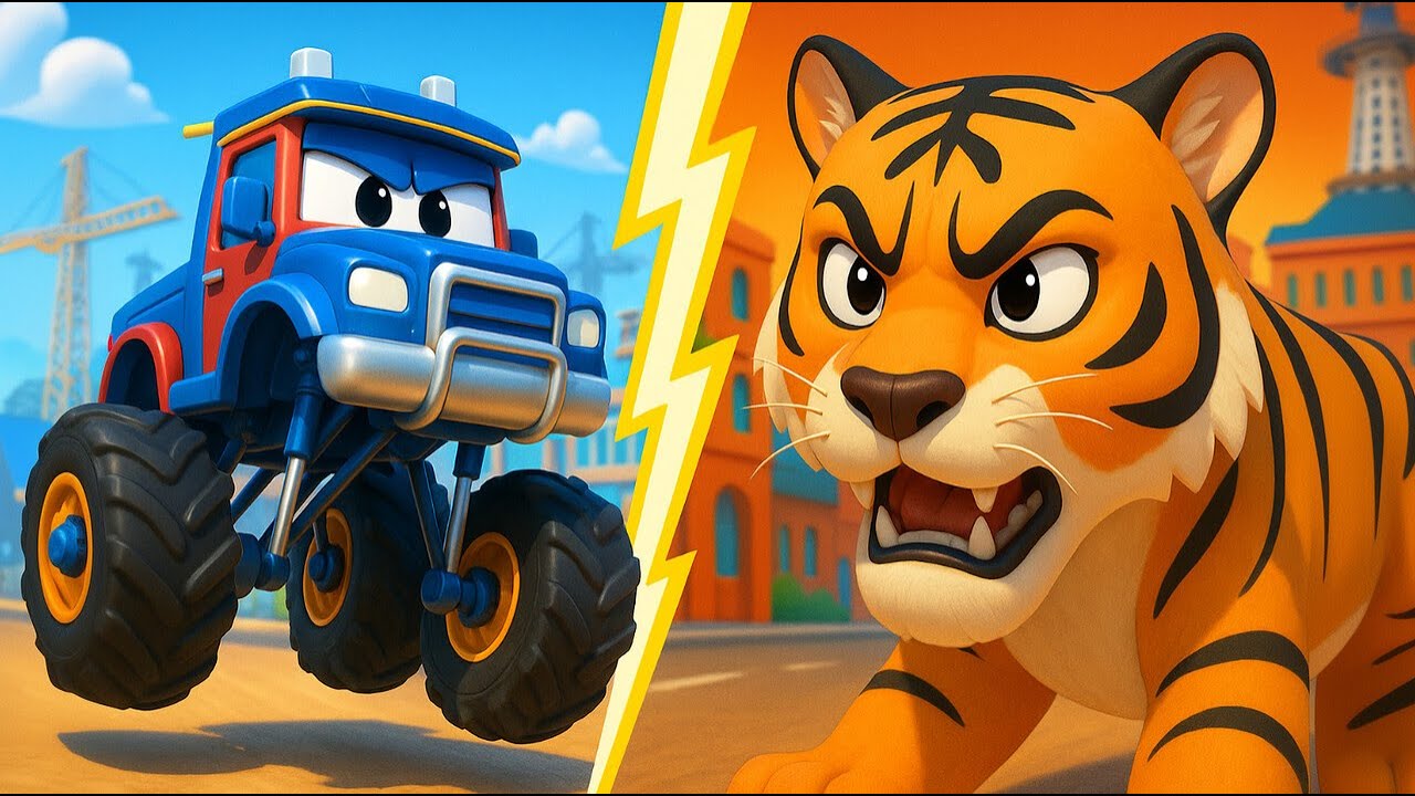 Riesiger Tiger VS Monstertruck: Wer gewinnt? | Zeichentrick für Kinder