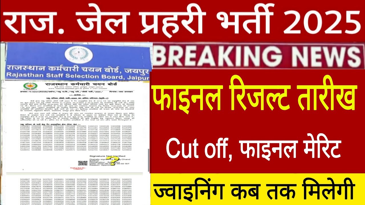 Rajasthan Jail Prahari Final Result 2025/Jail Prahari final Cut off/Jail Prahari final Merit Update 