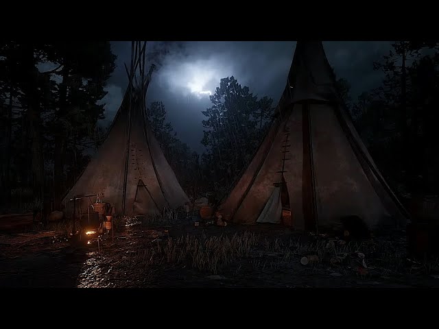 Thunderstorm At Night Inside Indian Tipi With Eagle Flies | RDR2 ASMR class=