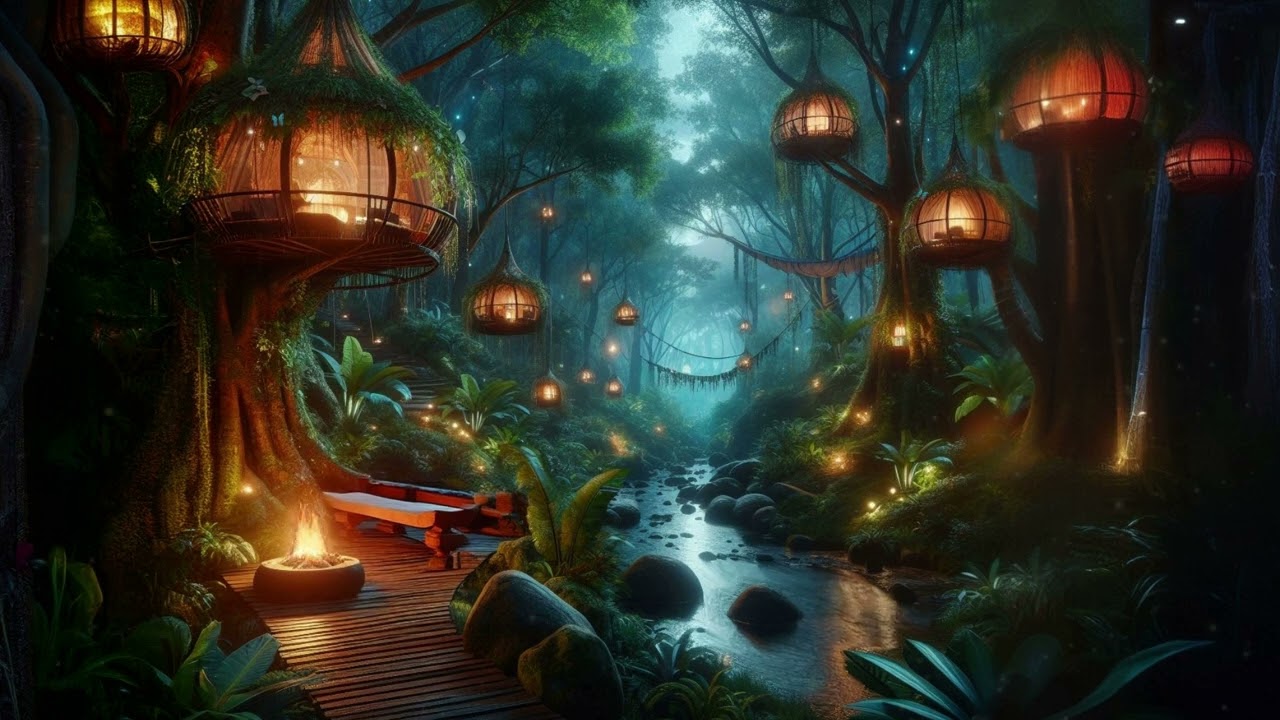 Rainforest Treehouse Village Ambience 🌳✨| Fantasy Atmosphere, Sounds Of Water, Wind Chimes, Nature