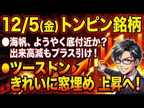 12/5（金）トンピン銘柄●海帆、ようやく底付近か？出来高減もプラス引け！●ツーストンきれいに窓埋め上昇へ！