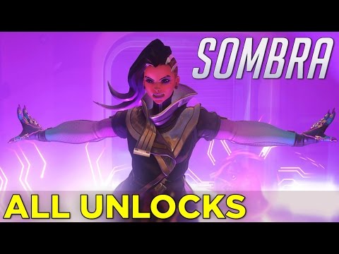 Sombra: ALL UNLOCKS! Skins, Emotes, Sprays, Victory Poses, Voice Lines, Highlight Intros & Weapons!