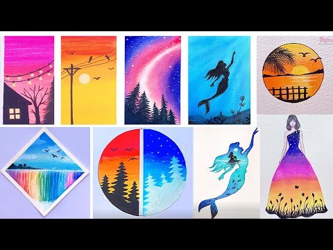 10 Scenery - Easy Water Color Painting Ideas || Painting Tutorial for beginners