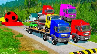 Double Flatbed Trailer Truck vs Speedbumps Train vs Cars Beamng.Drive