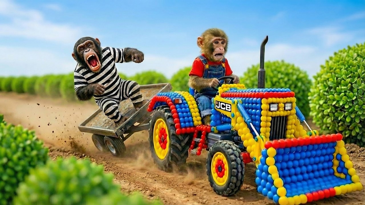 Monkey Nana the JCB Tractor Excavator to Harvest Guava and Catch a Sneaky Thief on the Farm!