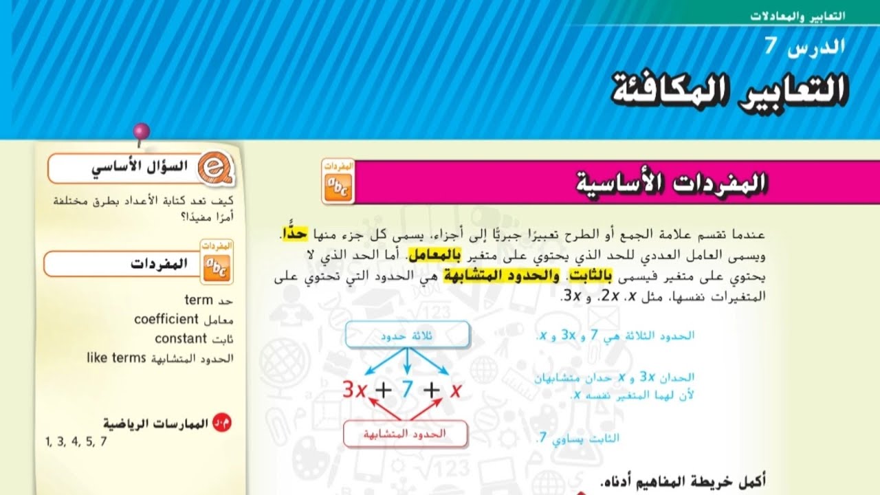 التعابير المكافئة شرح رياضيات الإمارات الصف السادس الوحدة السادسة الدرس السابع
