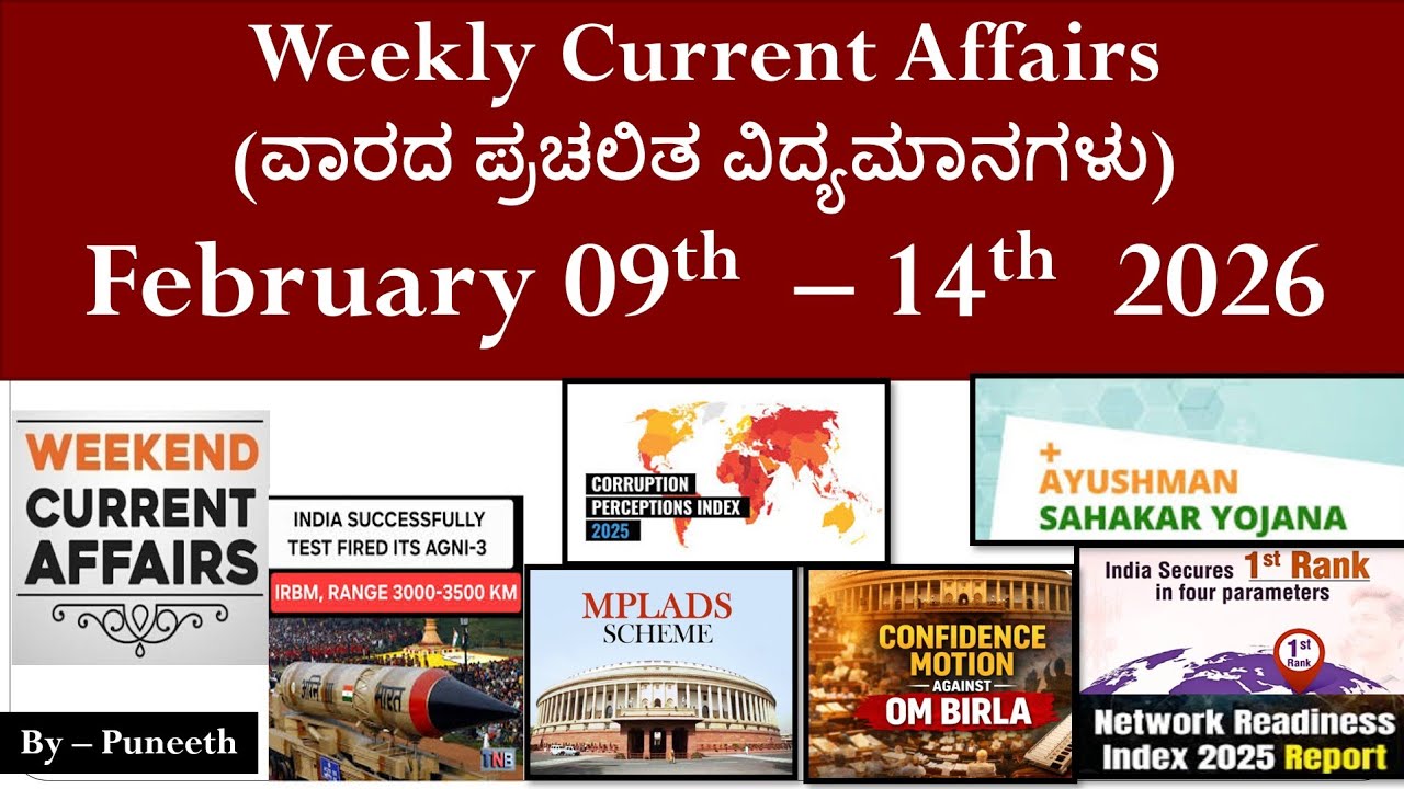 Sunday Special| February 9- 14 Current Affairs MCQ 2026|ವಾರದ ಪ್ರಚಲಿತ ಘಟನೆಗಳು|Group C/Group B/KAS/IAS