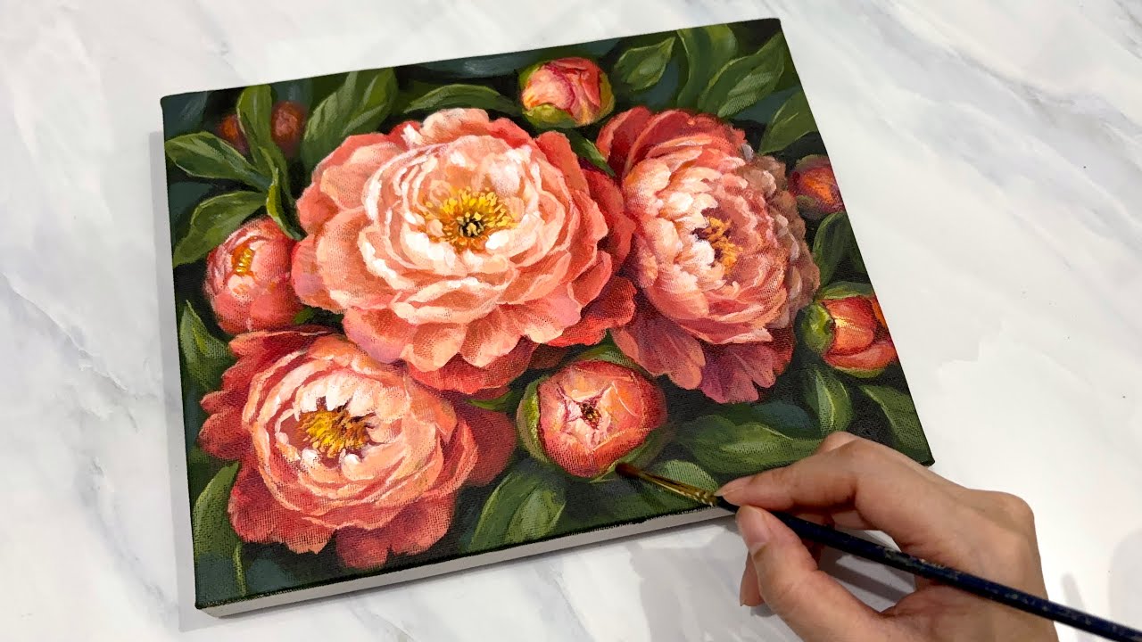 Peony Acrylic Painting Tutorial /Step by Step/ Acrylic Painting #096 ...