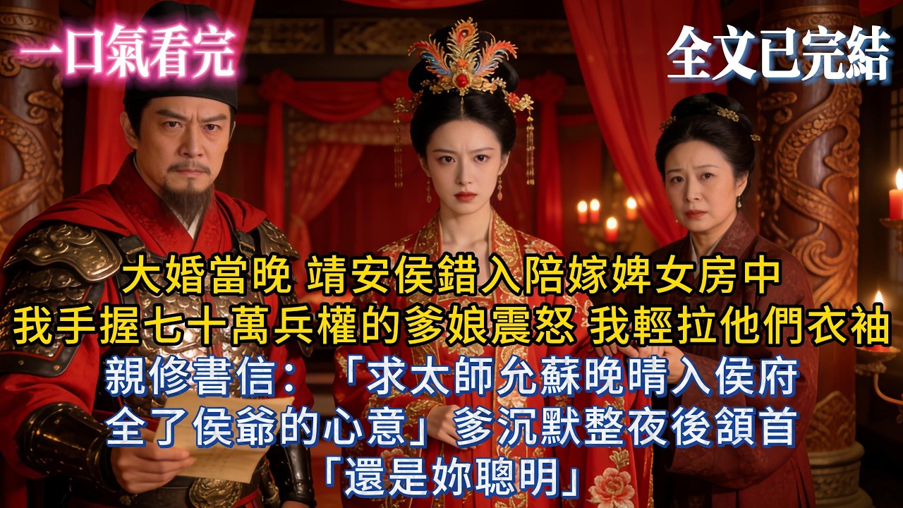 【完結小說】大婚當晚靖安侯錯入陪嫁婢女房中，我手握七十萬兵權的爹娘震怒，我輕拉他們衣袖親修書信：「求太師允蘇晚晴入侯府，全了侯的心意！」爹沉默整夜後首肯：「還是你聰明。」 #小说 #爽文 #大女主