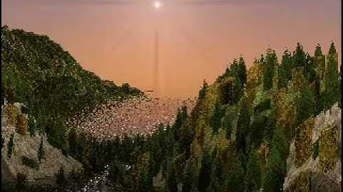 Partially raytraced heightmap with voxel clouds, voxel trees, vector field water