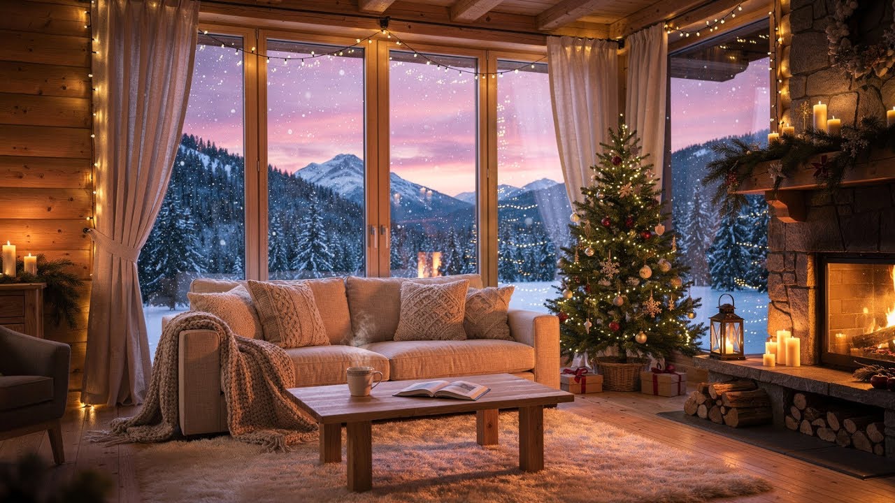 Cozy Christmas Cabin at Sunset 🎄 Fireplace, Gentle Snow & Soft Piano | 2 Hour Ambience