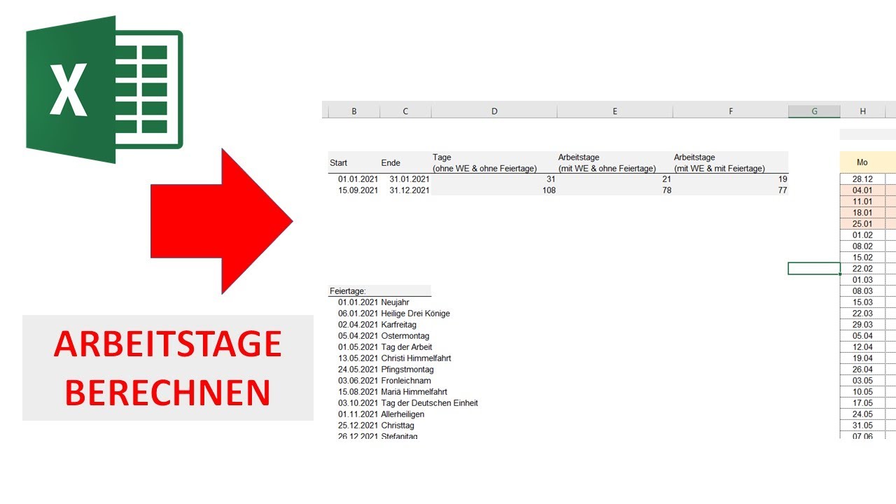 Berechnung von Arbeitstagen in Excel und Ausschluss von Feiertagen und