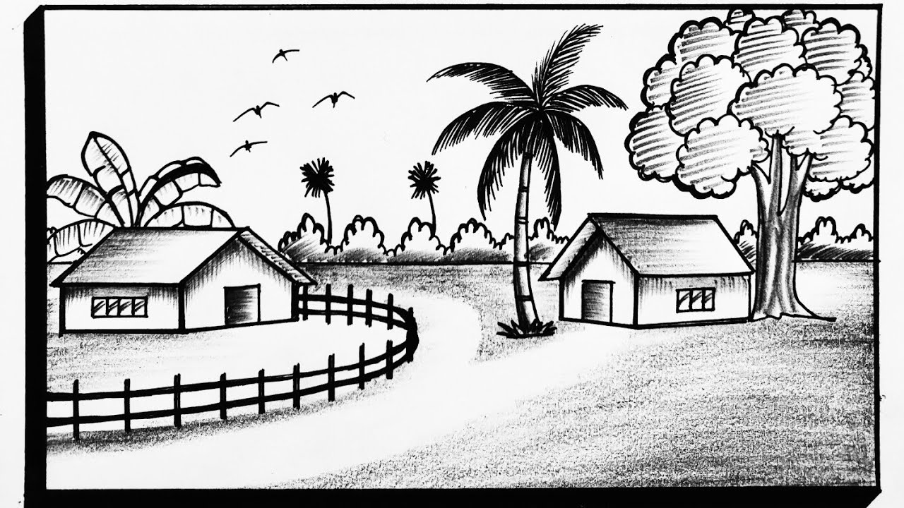How To Draw Beautiful Village Scenery Drawing|| Step By Step Easy Scenery Drawing|| House Drawing