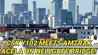 NYC Freight Trains: CSX YN2 Duo Meets Amtrak Acela on Hell Gate Bridge! 