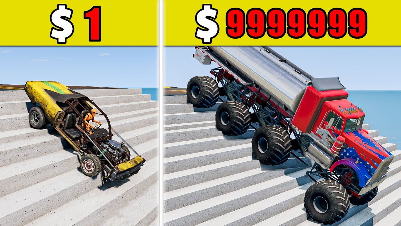 $1 vs $1,000,000丨Cars VS Stairs VS Roller Coaster Bridge  #94 - BeamNG.Drive Challenge