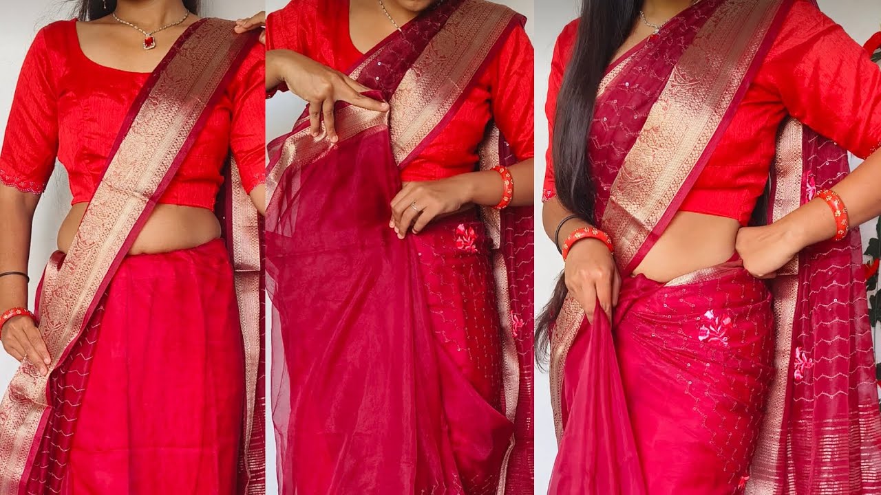 How to make perfect hip & shoulder pleats in pure organza saree draping tutorial for beginners