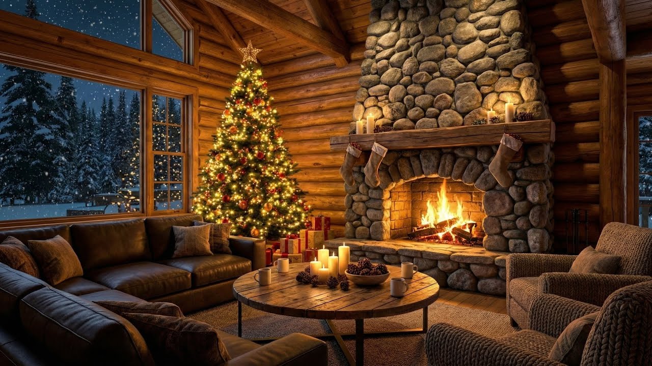 Warm Fireplace Ambience 2025 | Cozy Christmas Cabin & Relaxing Piano Music | Soft Snowfall