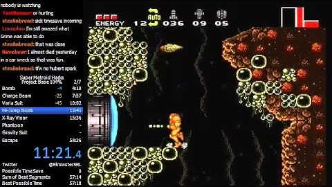 Super Metroid Project Base 104% speedrun in 53:42