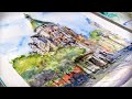 URBAN SKETCHING TECHNIQUE -  Ink and Watercolor | City Scene | Full Process Demo