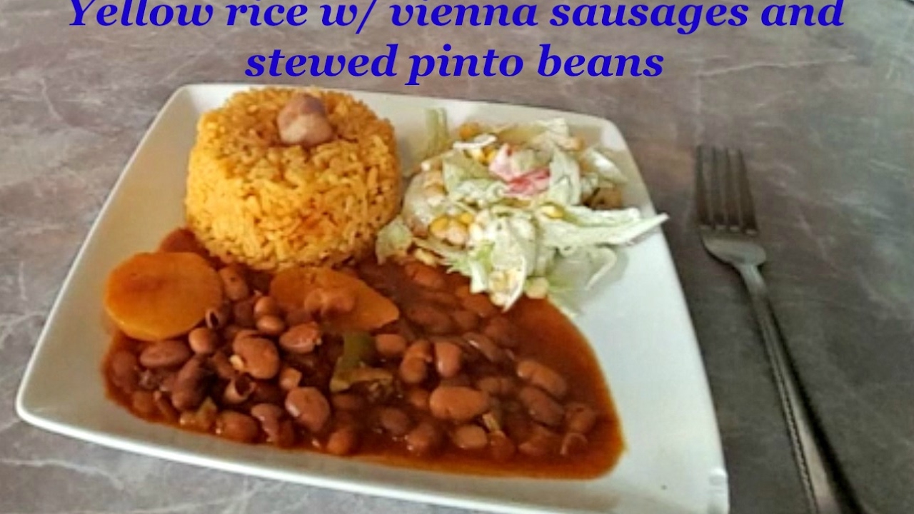 YELLOW RICE W/ VIENNA SAUSAGES & STEWED PINTO BEANS/ ARROZ CON