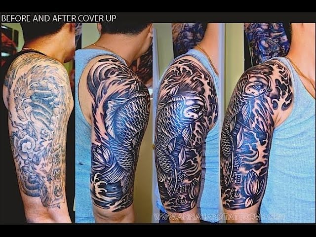 COVER UP TATTOO (BLACK / GRAY KOI FISH) 