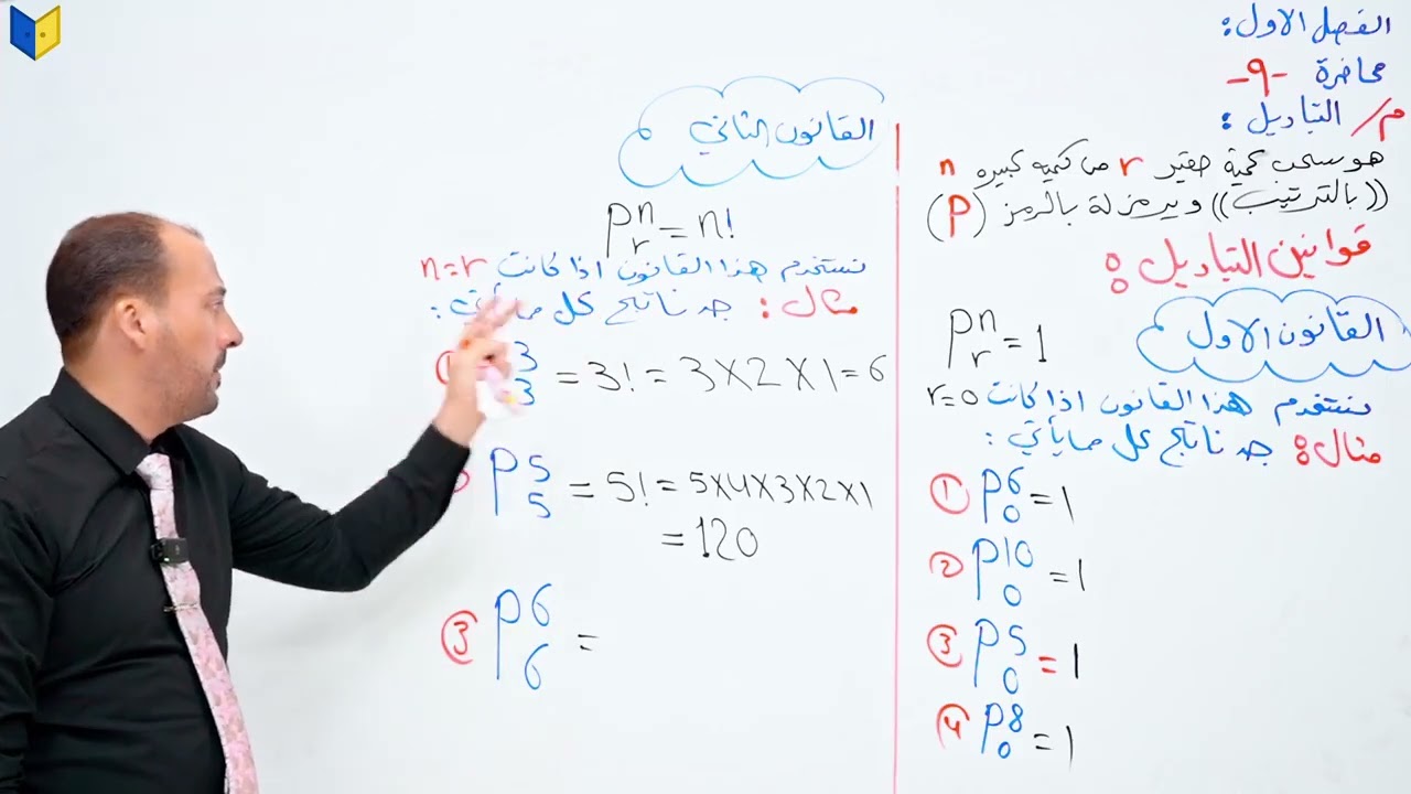 • الفصل الاول •▫️المحاضرة : 9 ( التباديل ج1 ) الاستاذ باسل الزبيدي 