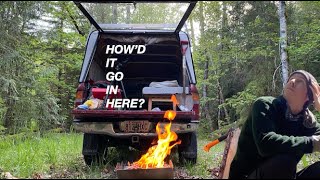 First Night Sleeping in my DIY Truck Canopy Camper [campfire, deep snow, wild animal encounter]