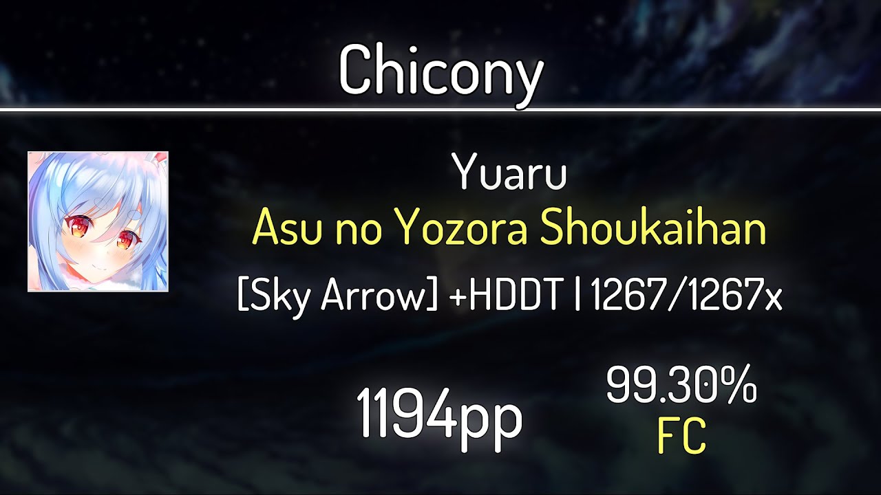 Chicony (9.36⭐) Yuaru - Asu no Yozora Shoukaihan [Sky Arrow] +HDDT 99.30% | 1267x FC | 1194 PP